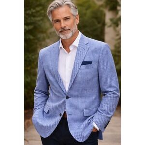 Tiglio Luxe Novello Blazer 48R Blue Gingham Merino Wool Elbow Patch Sport Coat